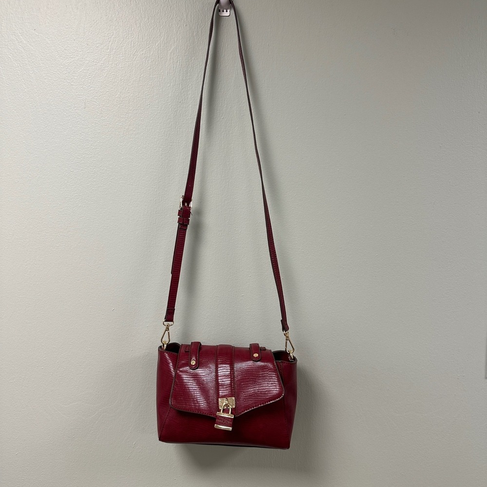 Anne Klein Burgundy Lizard Embossed Crossbody Bag Gold Padlock Lock Satchel Red